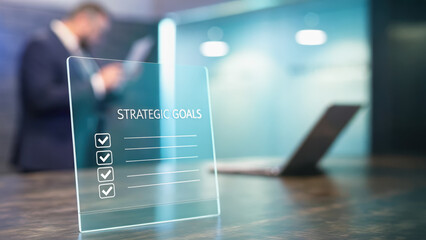 Transparent floating checklist of “Strategic Goals” with a clean gradient background, copy space for text, futuristic planning concept.