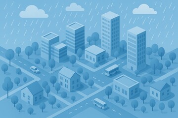 Obraz premium Urban Scene Under Rain: An illustrated cityscape under a rainy sky, showcasing a collection of buildings, vehicles, and trees in a modern, isometric style.