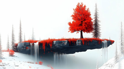 Floating rock, waterfalls, snowy landscape, red tree. Serene winter scene