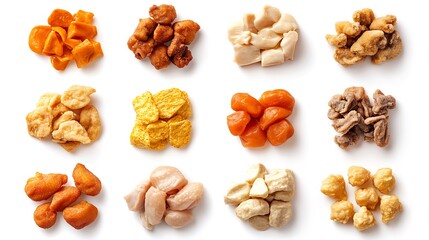 Obraz premium Various piles of prepared food items on a white background view