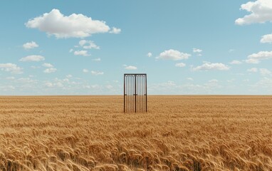 A lone cricket wicket stands in a vast, golden wheat field under a bright blue sky with fluffy white clouds. The scene is peaceful and serene, evoking a sense of quiet contemplation