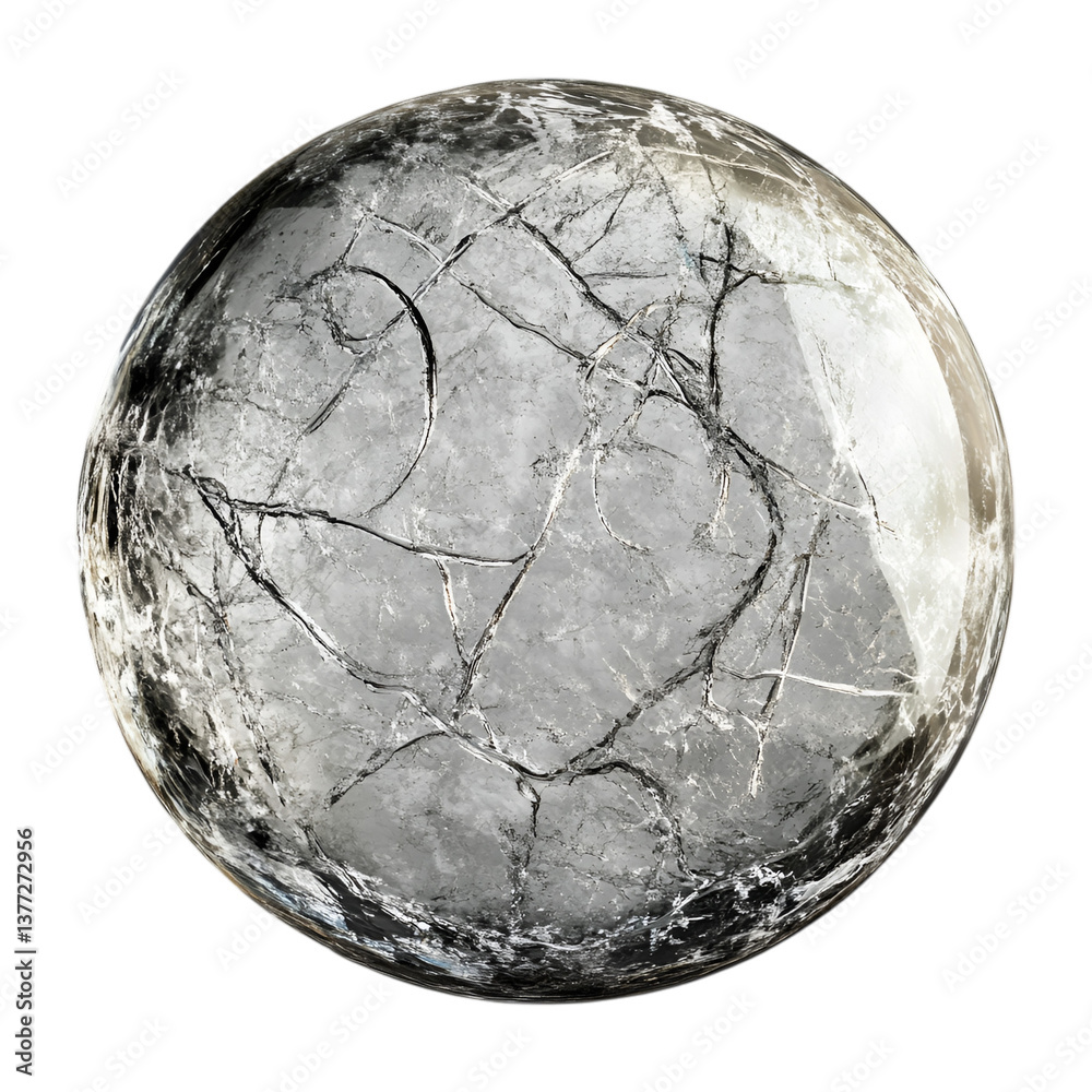 Wall mural circular ice cube with intricate cracks, isolated on transparent background