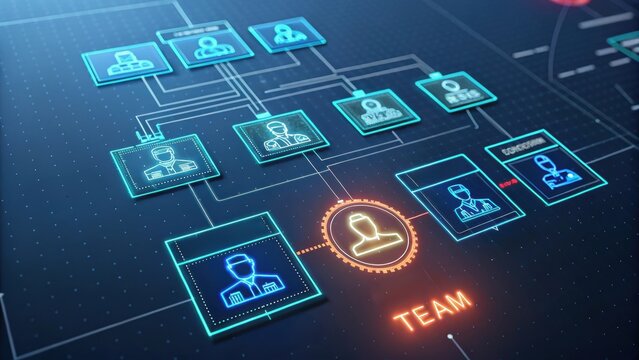Digital organizational chart illustrating team structure with interconnected profiles and clear labeling.
