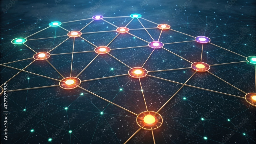 Poster digital network layout with interconnected nodes and glowing elements against a dark background, rep