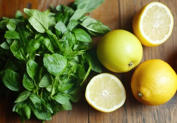 Fresh basil, lemons, and grapefruit on a wooden surface