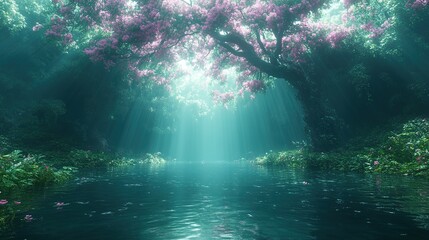 Serene forest river scene, sun rays filtering through pink flowering trees
