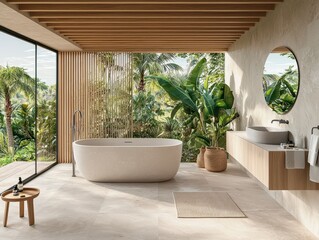 Fototapeta premium Relaxing bath experience tropical home interior design modern setting scenic view serenity and wellness