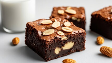 Delicious Close Up of Rich Chocolate Brownie Topped with Almonds and Nuts