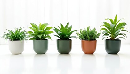 Fototapeta premium Collection of green potted houseplants on white table. Rich green leaves in different shapes, sizes. Home decor, interior design. Botany, gardening. Studio shot, clean aesthetic, bright minimalist