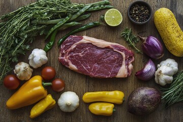 Raw steak and various fresh vegetables arranged on a wooden surface.  Fresh ingredients ready for grilling or cooking.  A colorful and healthy meal prep