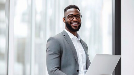 Fototapeta premium Confident Businessman Standing and Smiling with Laptop in Office