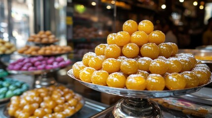 A close-up of golden Motichur laddus, stacked neatly in a traditional sweet shop during the festive season.