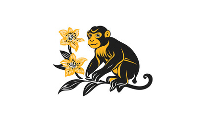 Obraz premium Elegant Black and Gold Monkey with Lilies - Stylized Animal Illustration