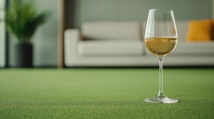 Elegant glass of white wine on green carpet with modern furniture in background creating cozy indoor atmosphere