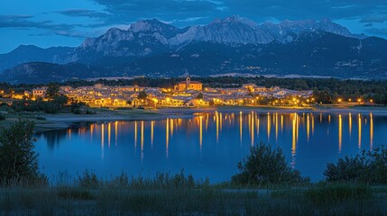 Fototapeta premium Mountain town reflected in tranquil lake at twilight