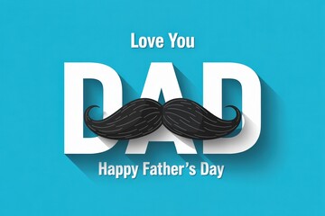 Father's Day greeting with mustache on blue background, celebrating dads with love.