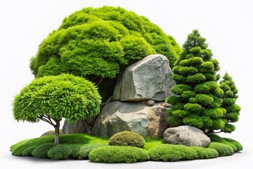 Lush Green Foliage and Boulder Landscape - Isolated White Background Stock Photo