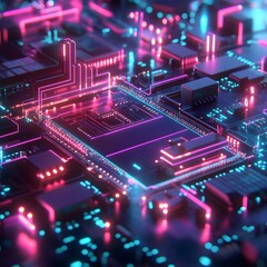 Fototapeta premium Neon-lit circuit board close-up