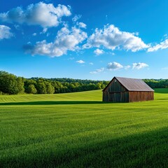 Obraz premium Sunny rural barn in a green field