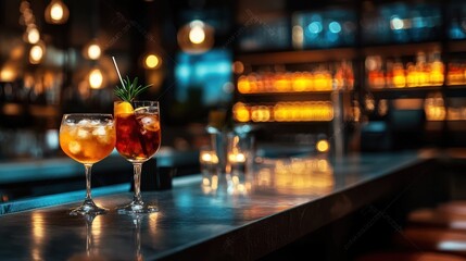 Stylish lounge bar with dim lighting and cocktails