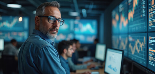 Mature data scientist puts on glasses, looks at camera. Software engineers work at computers in background. Multiple big screens display live analysis feed. AI, data science, analytics, tech.