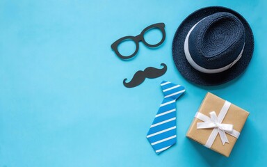 Father's Day concept with gifts, glasses, hat, tie, and mustache on a blue background.