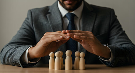 Businessman Protecting Wooden Figurines: Teamwork & Corporate Security Concept