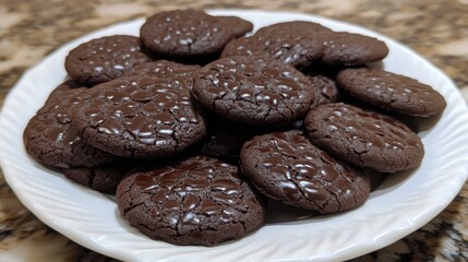 A plate of dark chocolate espresso cookies with a rich, cracked surface.