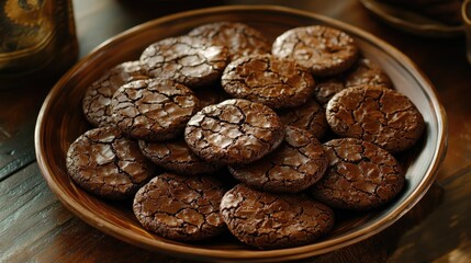 A plate of dark chocolate espresso cookies with a rich, cracked surface.