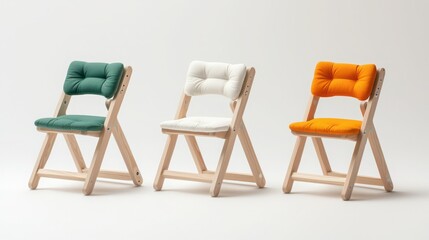 Stylish modern chairs in green, white, and orange with wooden frames on a minimalist backdrop.