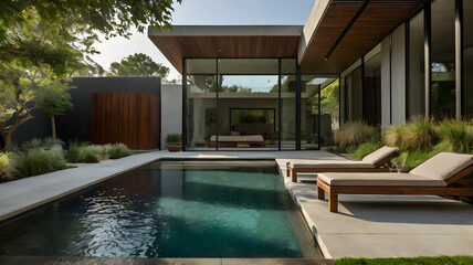 Modern Minimalist Home Poolside Design Concrete Wood Loungers