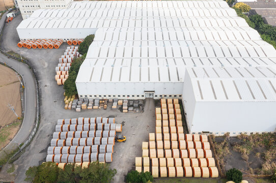 Cable factory: aerial view of reels and buildings