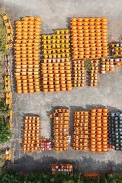 Cable reels: aerial view of factory storage yard