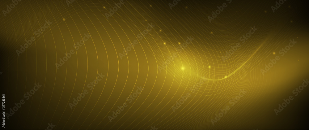 Poster Illustration vector abstract wave, flow line, motion pattern and particle dot on gold color background. Modern futuristic, big data design for background. Digital datum, high tech, technology concept