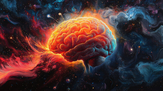 Exploding brain clipart digital art fiery light energy burst cosmic power neuron flame explosion heat surreal anatomy glowing thought sci-fi orange blue universe abstract style visual aura wallpaper