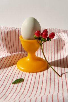 Still life with egg and flowers on red and white striped tablecloth. 