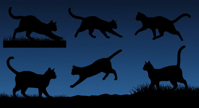 Midnight Prowlers: Silhouettes of sleek cats in dynamic poses against a twilight blue sky, showcasing their elegance and grace.