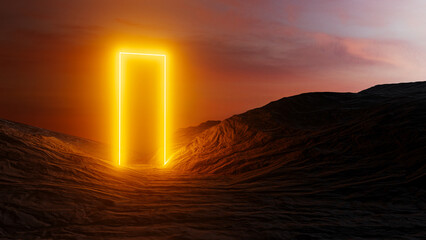 Mysterious interdimensional gateway appears in desert landscape.