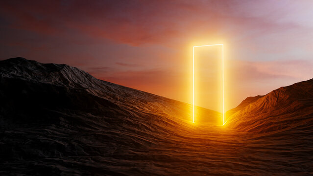 Mysterious interdimensional gateway appears in desert landscape.
