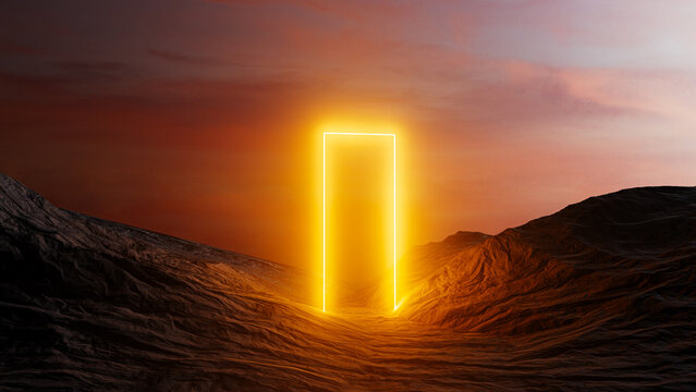 Mysterious interdimensional gateway appears in desert landscape.