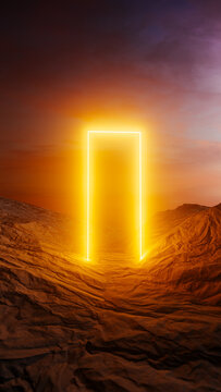 Mysterious interdimensional gateway appears in desert landscape.