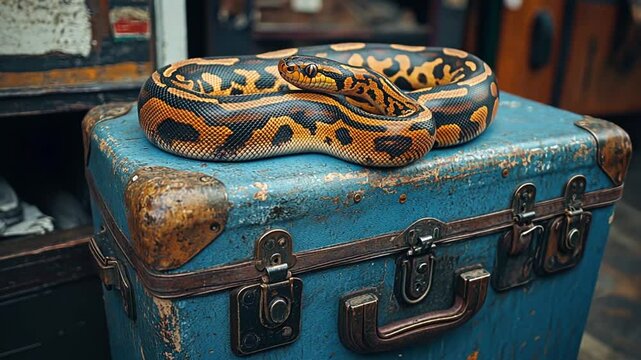 Orange and Black Python on a Blue Vintage