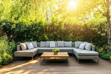 Outdoor patio lounge area with sunlit greenery