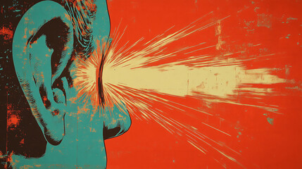 Exploding ear digital artwork profile surreal abstract light burst head sound concept flat pastel color shock wave visual energy flow pop poster style contemporary expressive colorful illustration