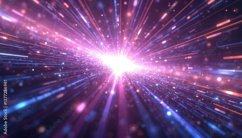 Aufkleber Abstract digital art starburst effect. Hyperspace warp speed tunnel lines radial. Neon velocity light universe time space background deep purple. Bright pink blue gradient ray pattern movement energy