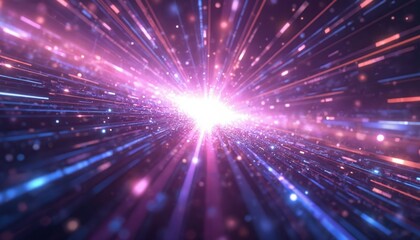 Obraz premium Abstract digital art starburst effect. Hyperspace warp speed tunnel lines radial. Neon velocity light universe time space background deep purple. Bright pink blue gradient ray pattern movement energy