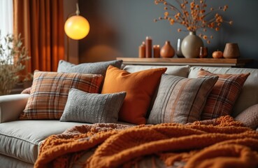 Cozy living room autumn home decor with orange hues. Interior design with sofa, pillows, blanket. Stylish apartment comfortable, aesthetic design. Home accessories candles, vase. Modern interior with