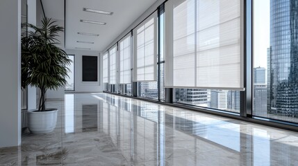 Modern office space with large windows and polished marble floors.