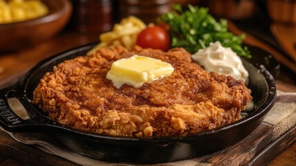 A sizzling hot chicken fried steak on a cast-iron skillet with fresh butter.