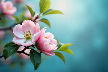 Beautiful floral spring abstract nature background. Branches of blossoming apple tree, flowers close-up in sunlight, soft focus macro on dark blue background with copy space.